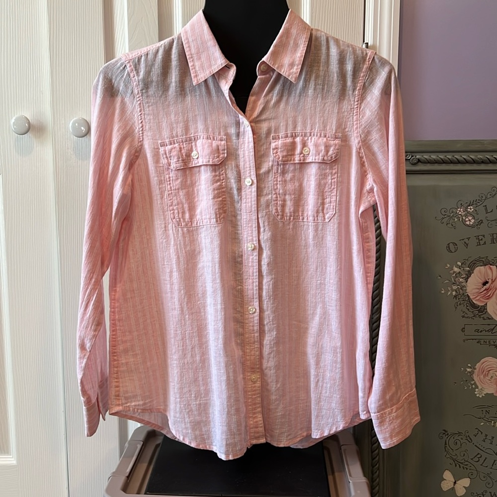 Chaps Women’s Long Sleeve Button Down pink and white striped Shirt